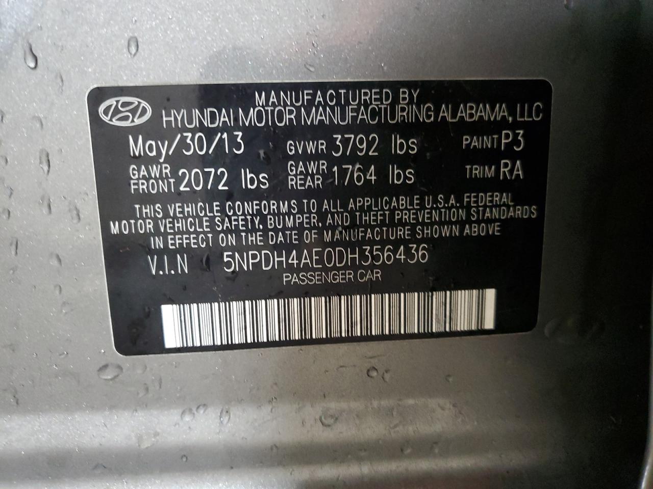 2013 Hyundai Elantra Gls VIN: 5NPDH4AE0DH356436 Lot: 66666594