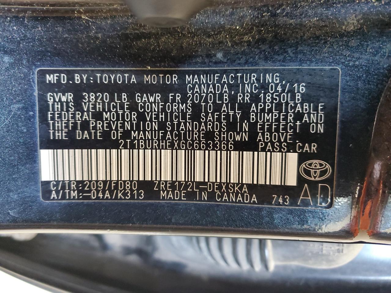 2T1BURHEXGC663366 2016 TOYOTA COROLLA - Image 12