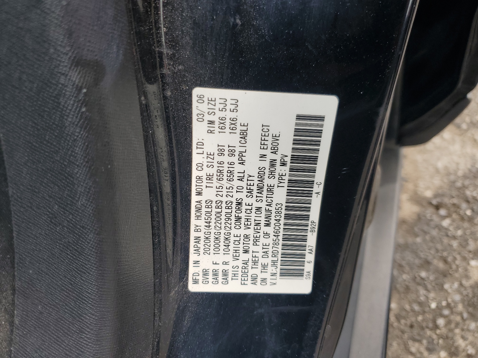 JHLRD78546C043853 2006 Honda Cr-V Lx