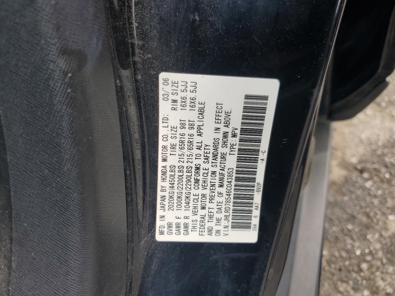 2006 Honda Cr-V Lx VIN: JHLRD78546C043853 Lot: 65682814