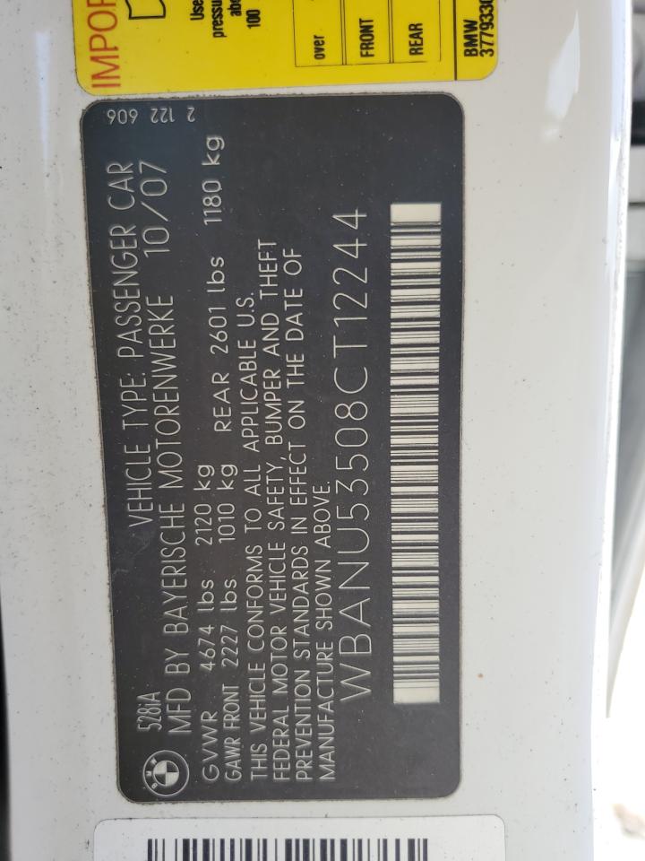 2008 BMW 528 I VIN: WBANU53508CT12244 Lot: 66965684