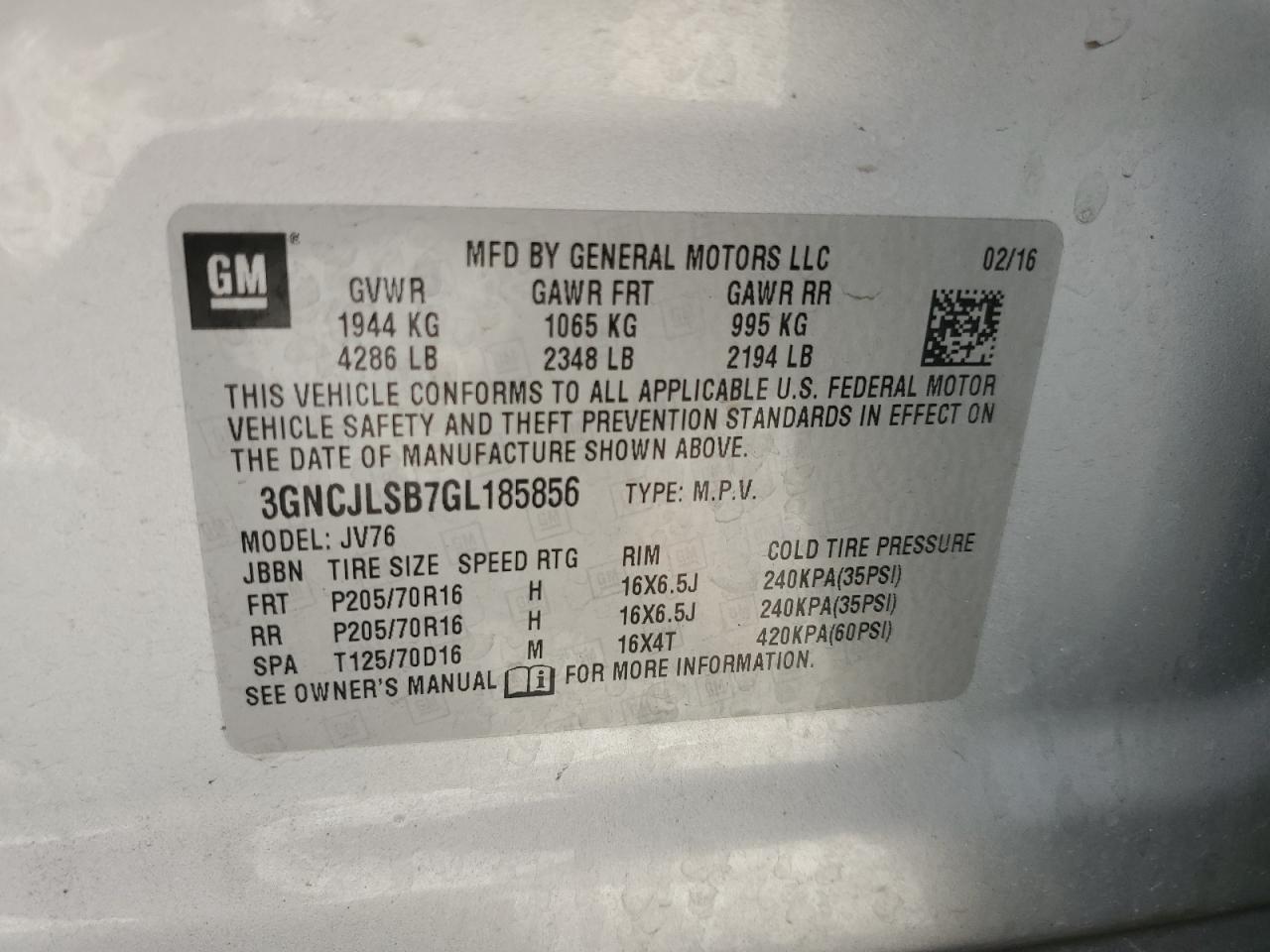 2016 Chevrolet Trax 1Lt VIN: 3GNCJLSB7GL185856 Lot: 65783324