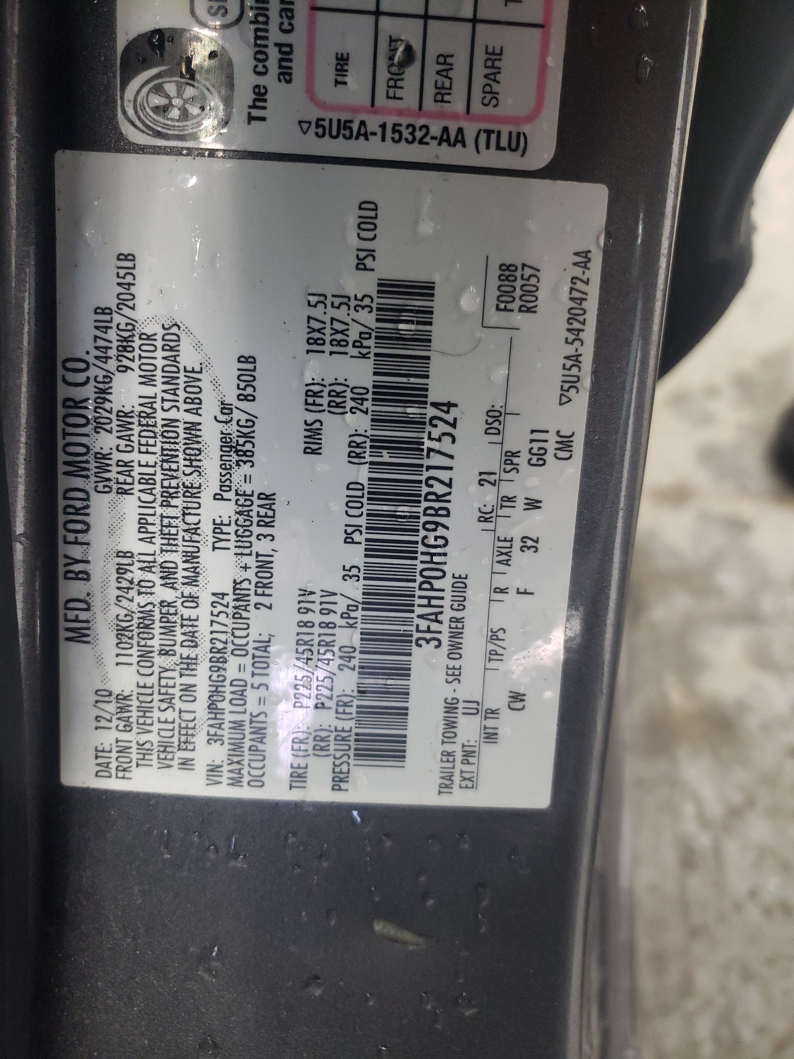 3FAHP0HG9BR217524 2011 Ford Fusion Se