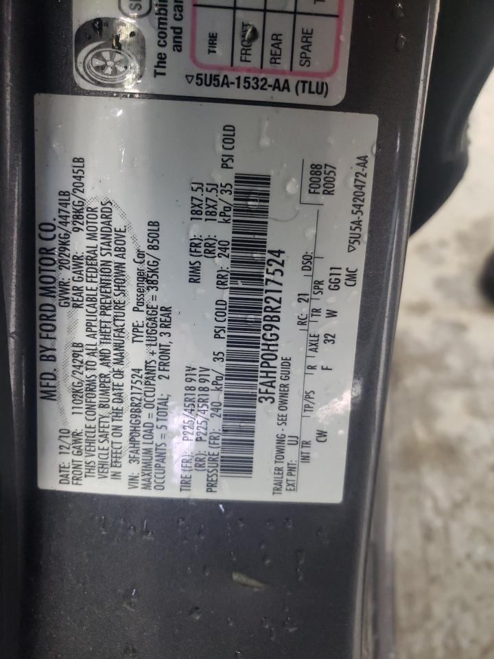 2011 Ford Fusion Se VIN: 3FAHP0HG9BR217524 Lot: 65821504