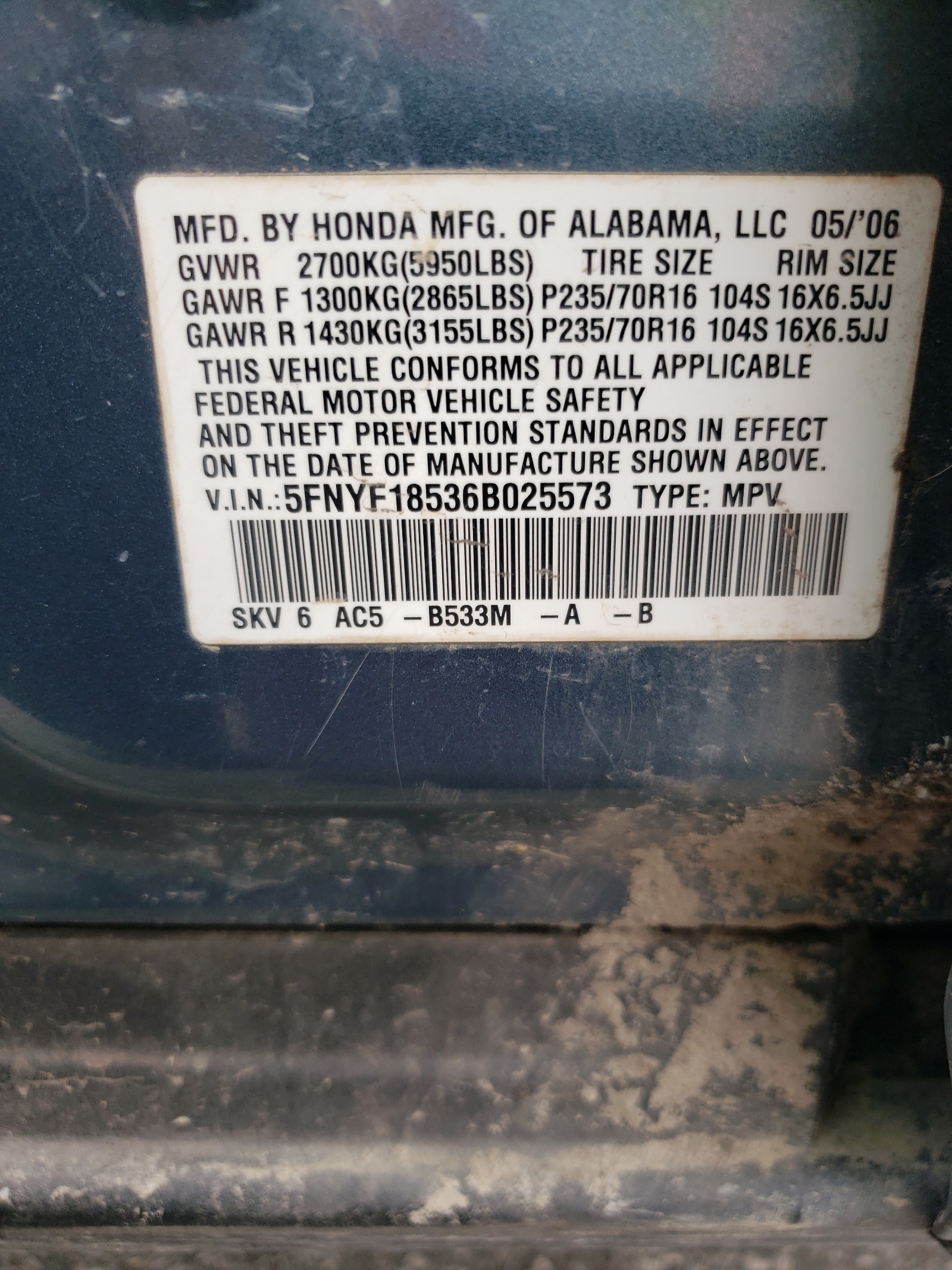 5FNYF18536B025573 2006 Honda Pilot Ex