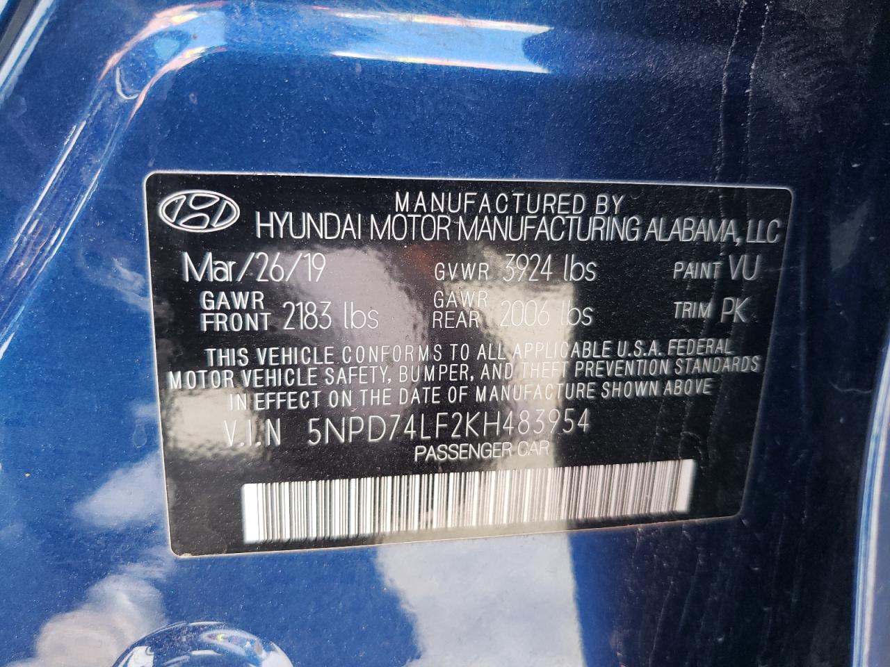 5NPD74LF2KH483954 2019 Hyundai Elantra Se