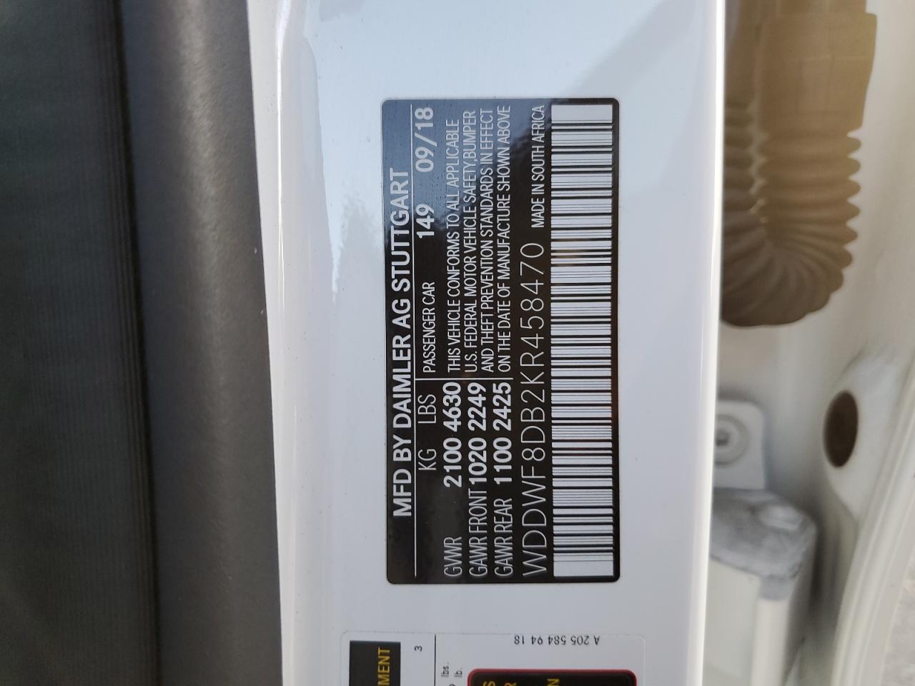 2019 Mercedes-Benz C 300 VIN: WDDWF8DB2KR458470 Lot: 68579384