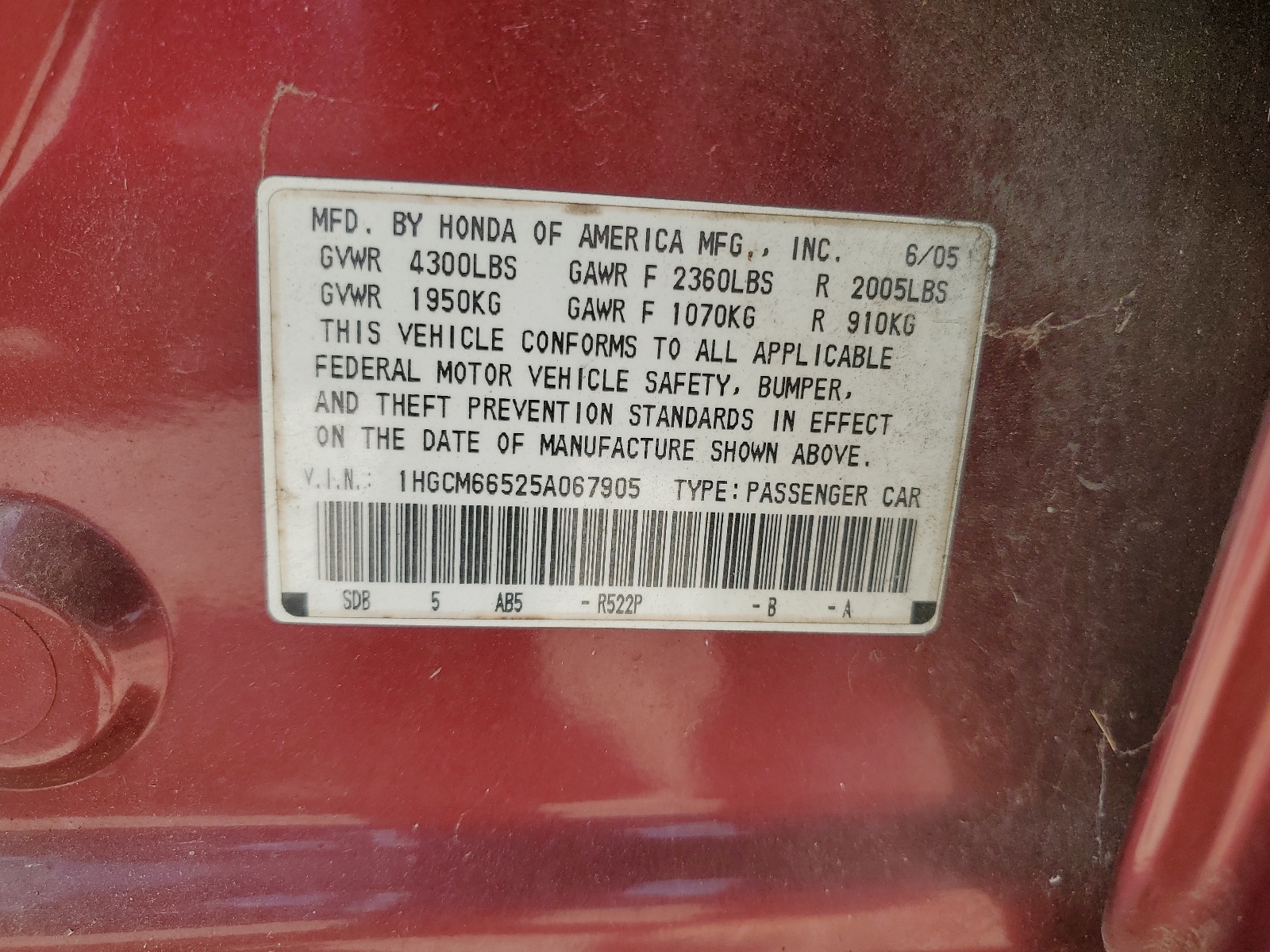 1HGCM66525A067905 2005 Honda Accord Ex