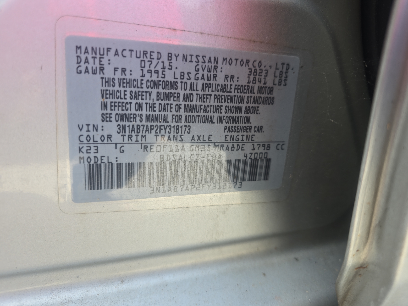 3N1AB7AP2FY318173 2015 Nissan Sentra S