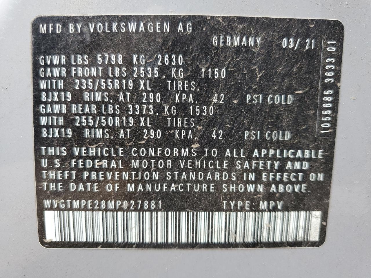 2021 Volkswagen Id.4 Pro S VIN: WVGTMPE28MP027881 Lot: 68493424