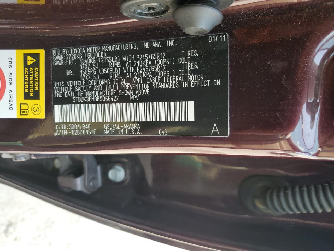 2011 Toyota Highlander Base VIN: 5TDBK3EH8BS066427 Lot: 67093864