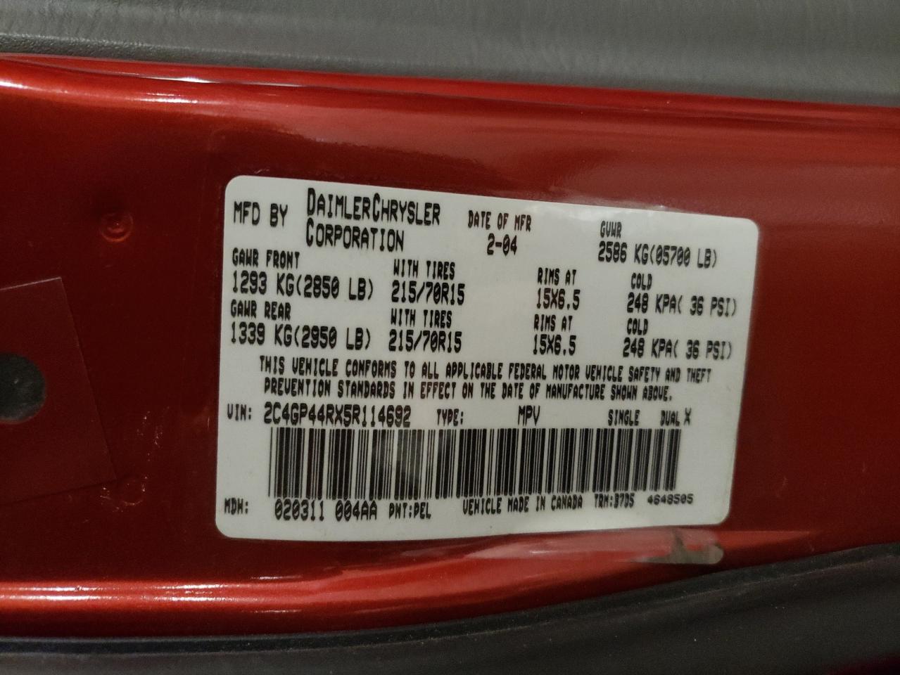 2005 Chrysler Town & Country Lx VIN: 2C4GP44RX5R114692 Lot: 66184714