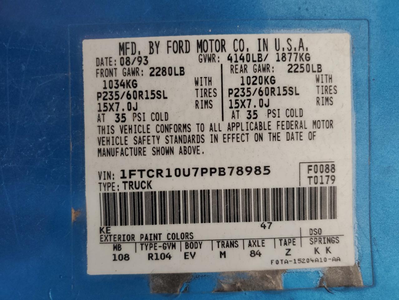 1993 Ford Ranger VIN: 1FTCR10U7PPB78985 Lot: 71460945