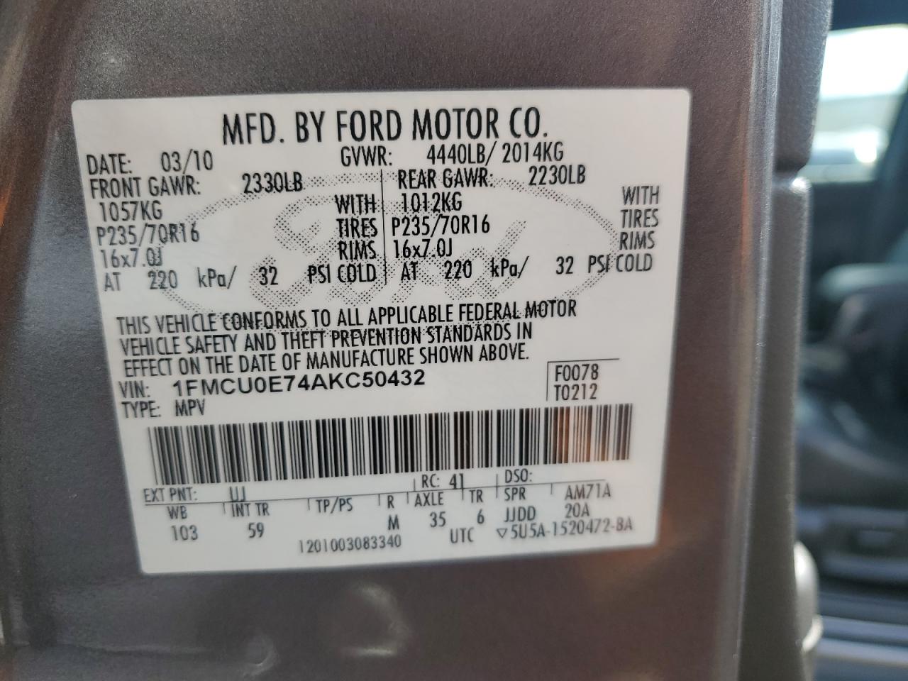 1FMCU0E74AKC50432 2010 Ford Escape Limited