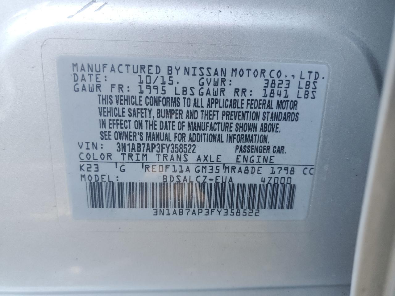 3N1AB7AP3FY358522 2015 Nissan Sentra S