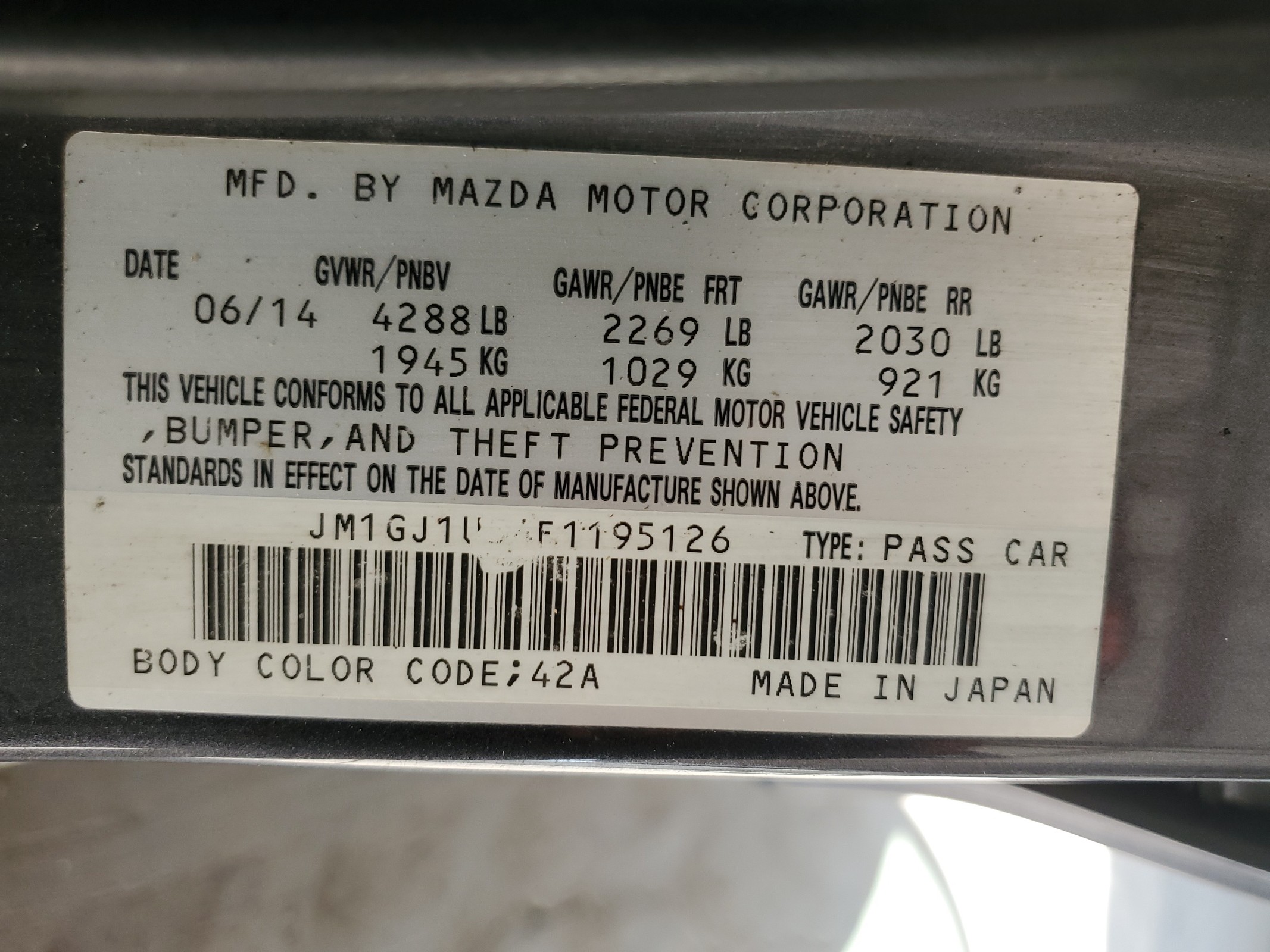 JM1GJ1U54F1195126 2015 Mazda 6 Sport