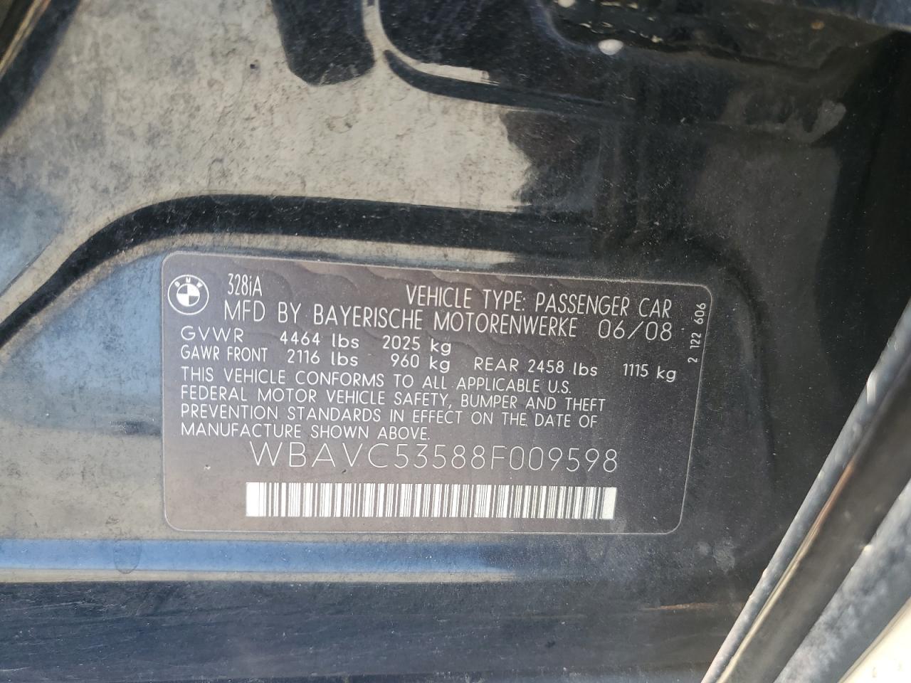 2008 BMW 328 I Sulev VIN: WBAVC53588F009598 Lot: 66777674