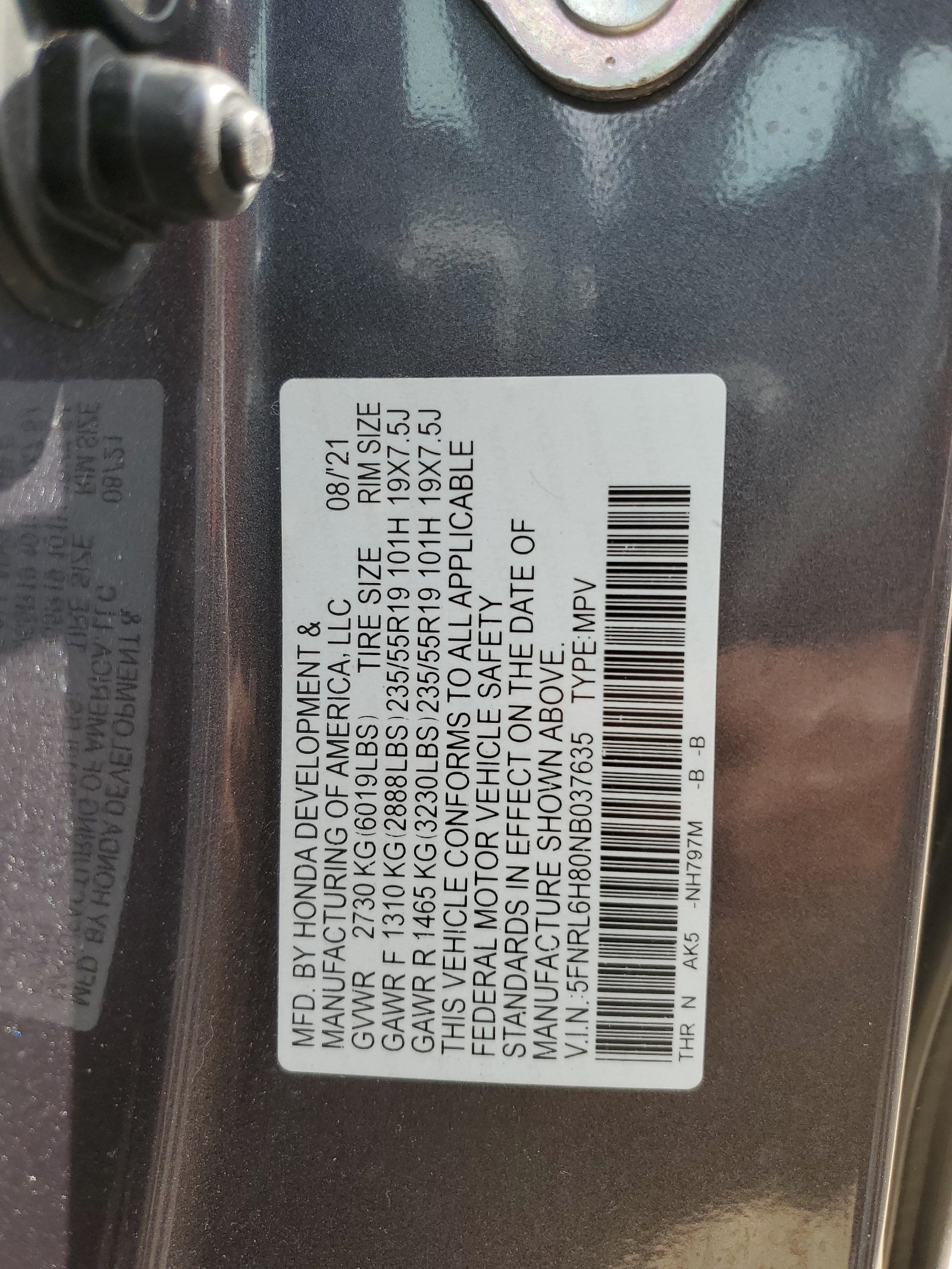 5FNRL6H80NB037635 2022 Honda Odyssey Touring