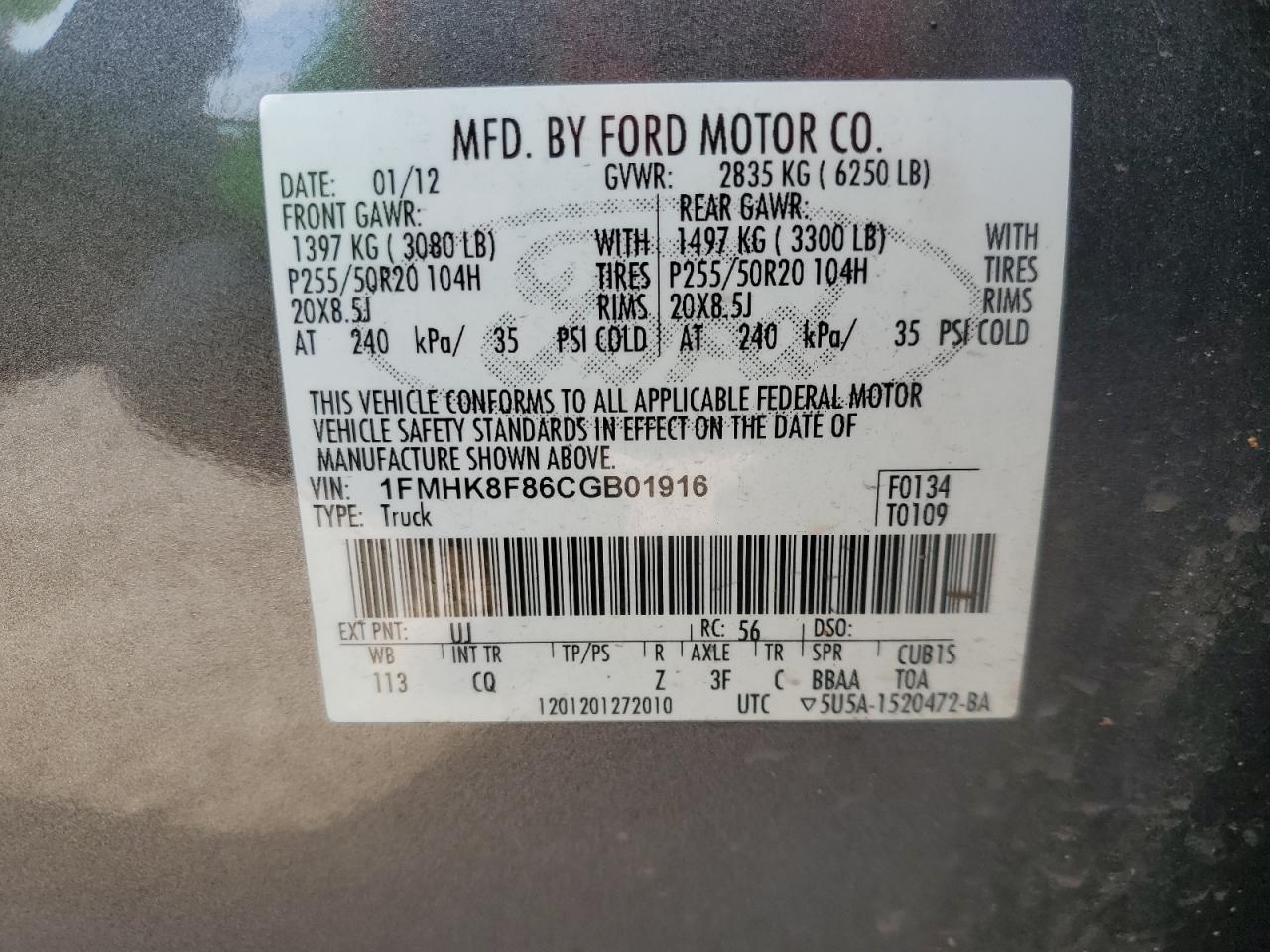 2012 Ford Explorer Limited VIN: 1FMHK8F86CGB01916 Lot: 68495674