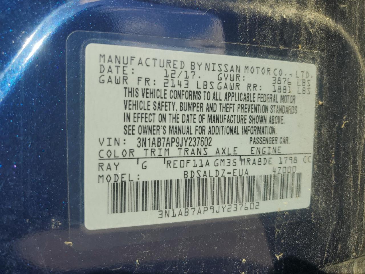 3N1AB7AP9JY237602 2018 Nissan Sentra S