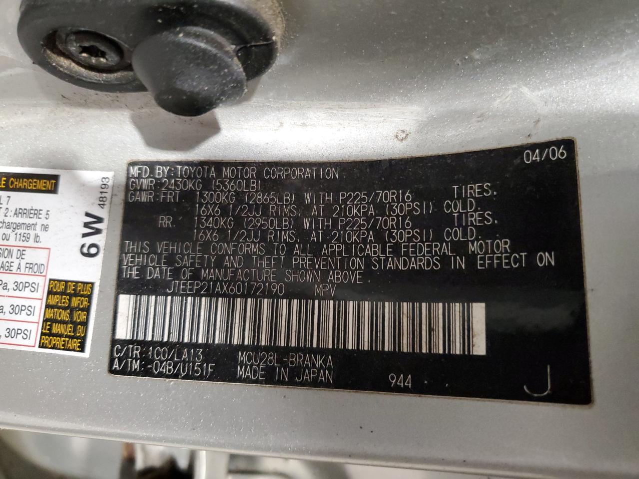 2006 Toyota Highlander Limited VIN: JTEEP21AX60172190 Lot: 66723284