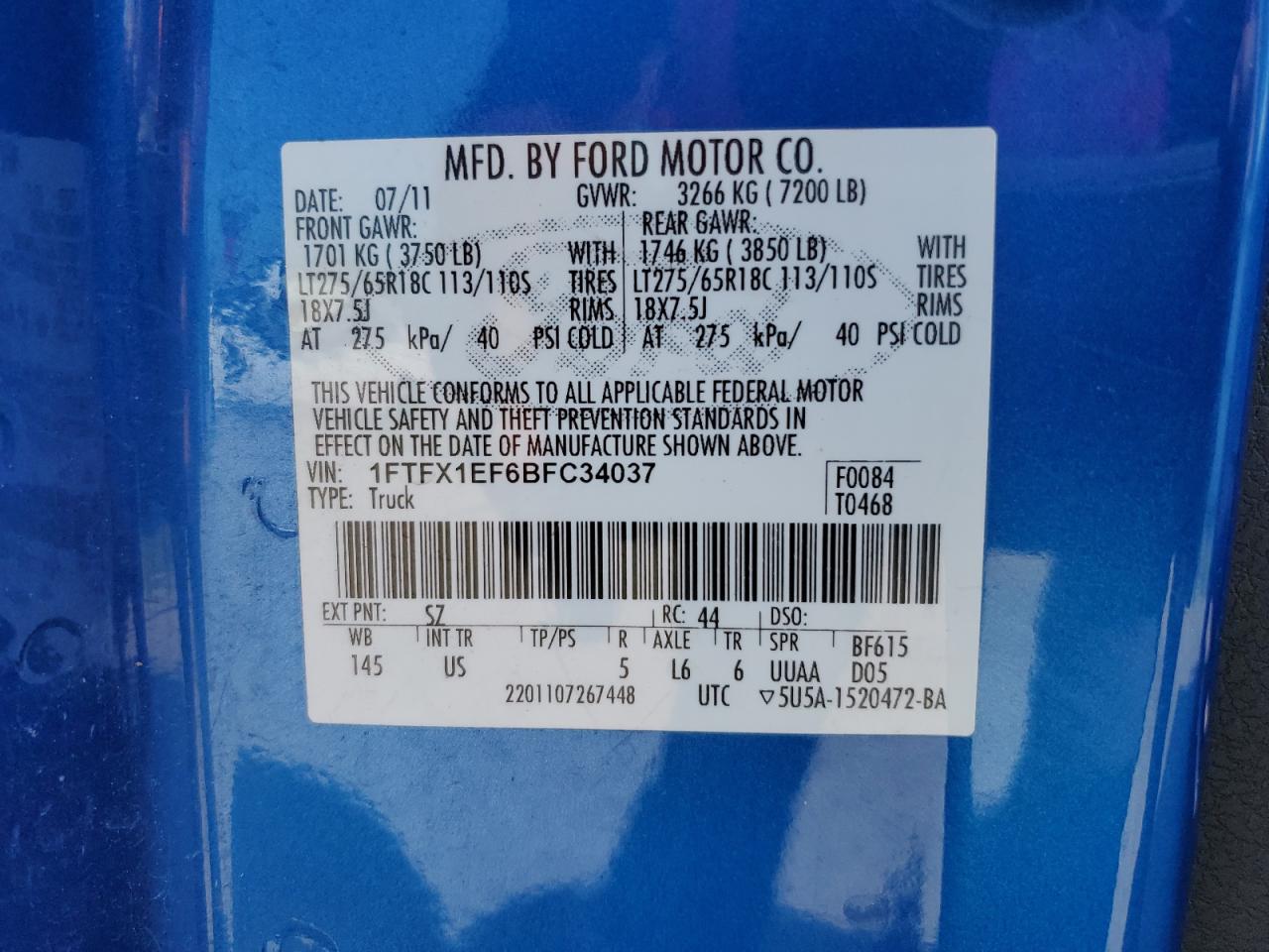 2011 Ford F150 Super Cab VIN: 1FTFX1EF6BFC34037 Lot: 67853684