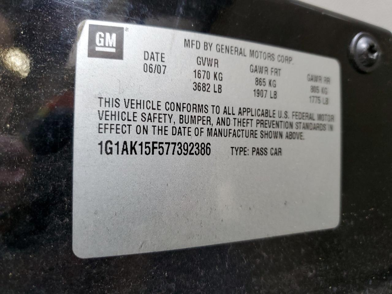 2007 Chevrolet Cobalt Ls VIN: 1G1AK15F577392386 Lot: 65783094