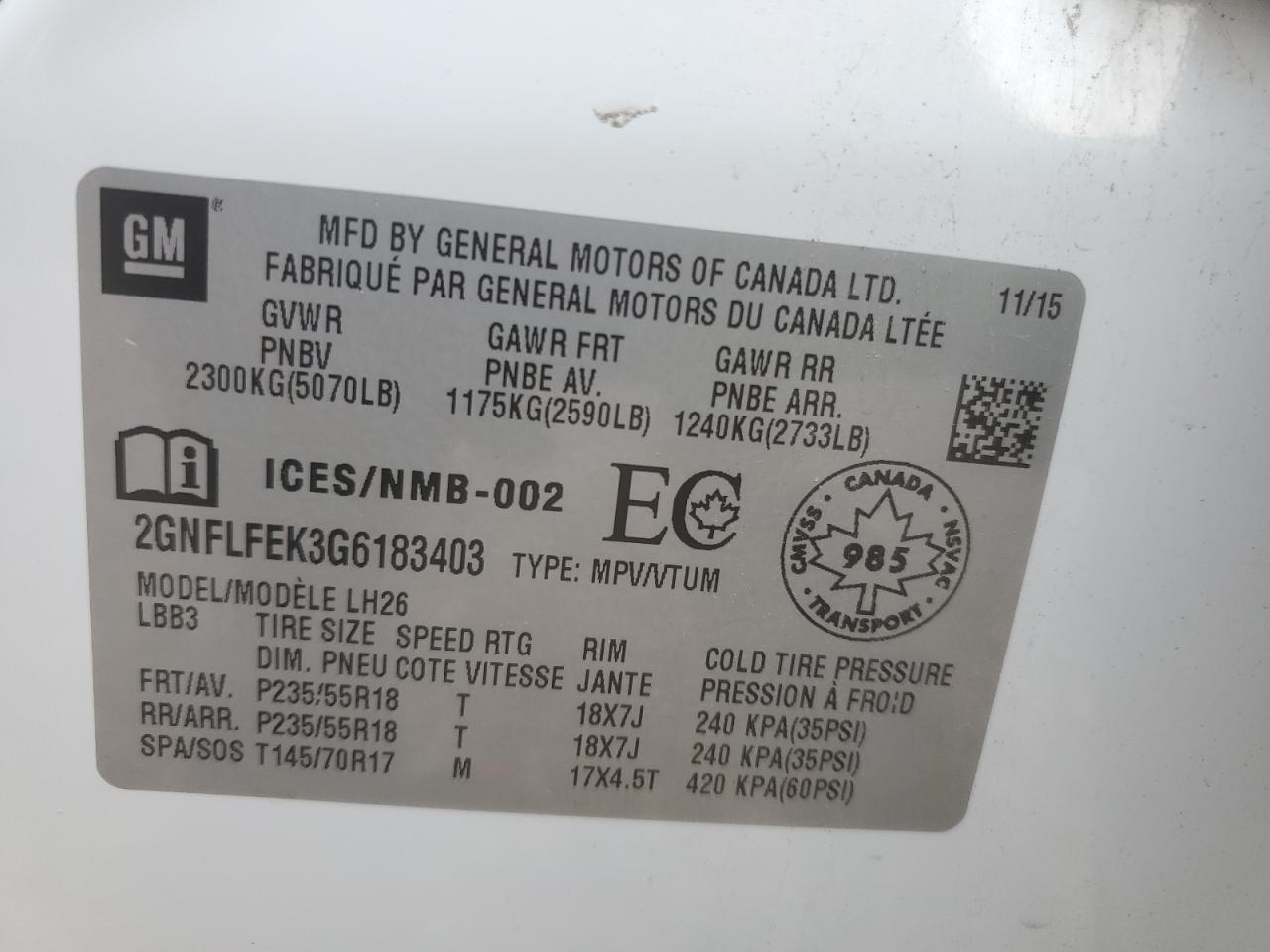 2GNFLFEK3G6183403 2016 Chevrolet Equinox Lt