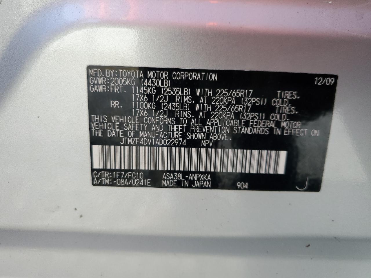 JTMZF4DV1AD022974 2010 Toyota Rav4