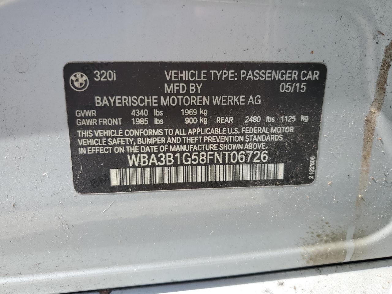 2015 BMW 320 I VIN: WBA3B1G58FNT06726 Lot: 65905104