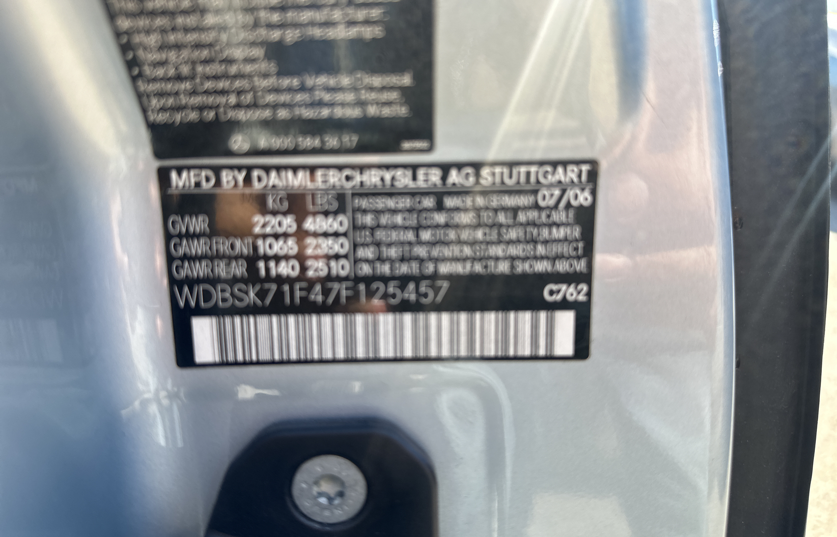 WDBSK71F47F125457 2007 Mercedes-Benz Sl 550