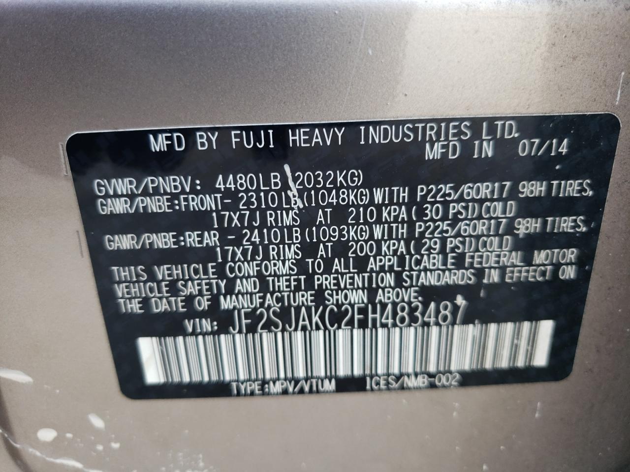 2015 Subaru Forester 2.5I Limited VIN: JF2SJAKC2FH483487 Lot: 65778804