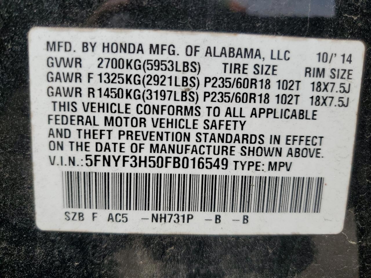 5FNYF3H50FB016549 2015 Honda Pilot Exl