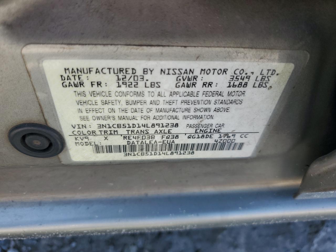 3N1CB51D14L891238 2004 Nissan Sentra 1.8