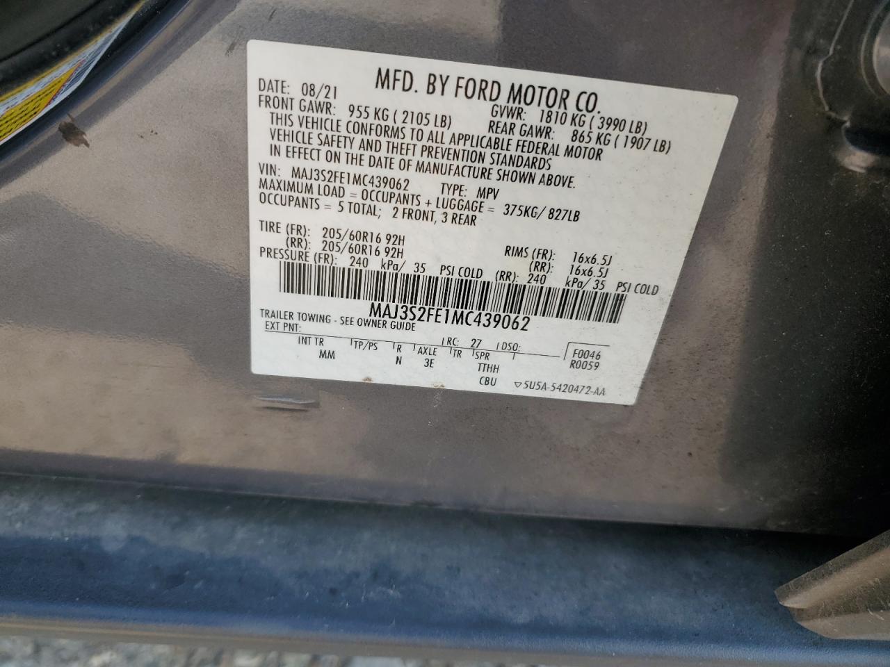 2021 Ford Ecosport S VIN: MAJ3S2FE1MC439062 Lot: 65491734