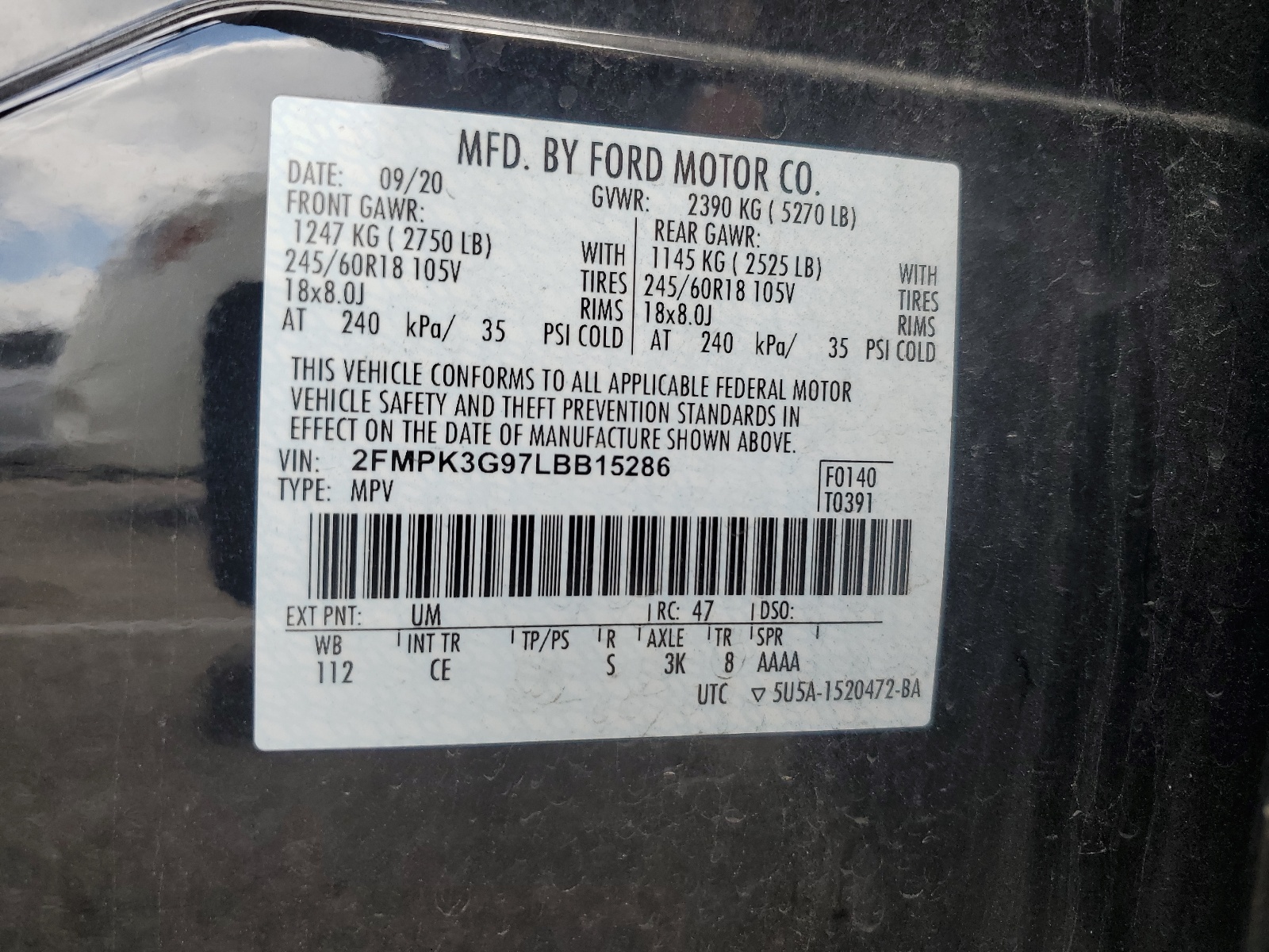 2FMPK3G97LBB15286 2020 Ford Edge Se