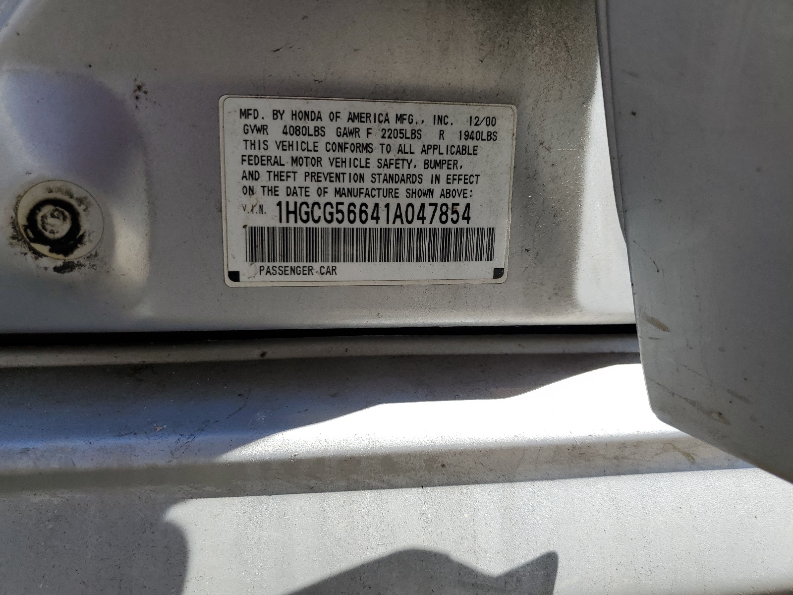 1HGCG56641A047854 2001 Honda Accord Ex