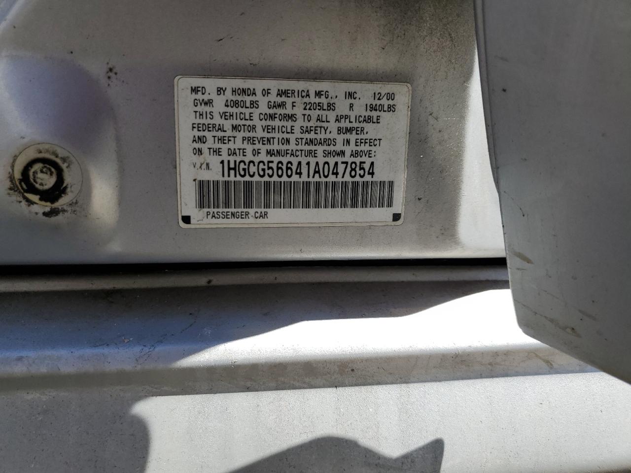 2001 Honda Accord Ex VIN: 1HGCG56641A047854 Lot: 67782734