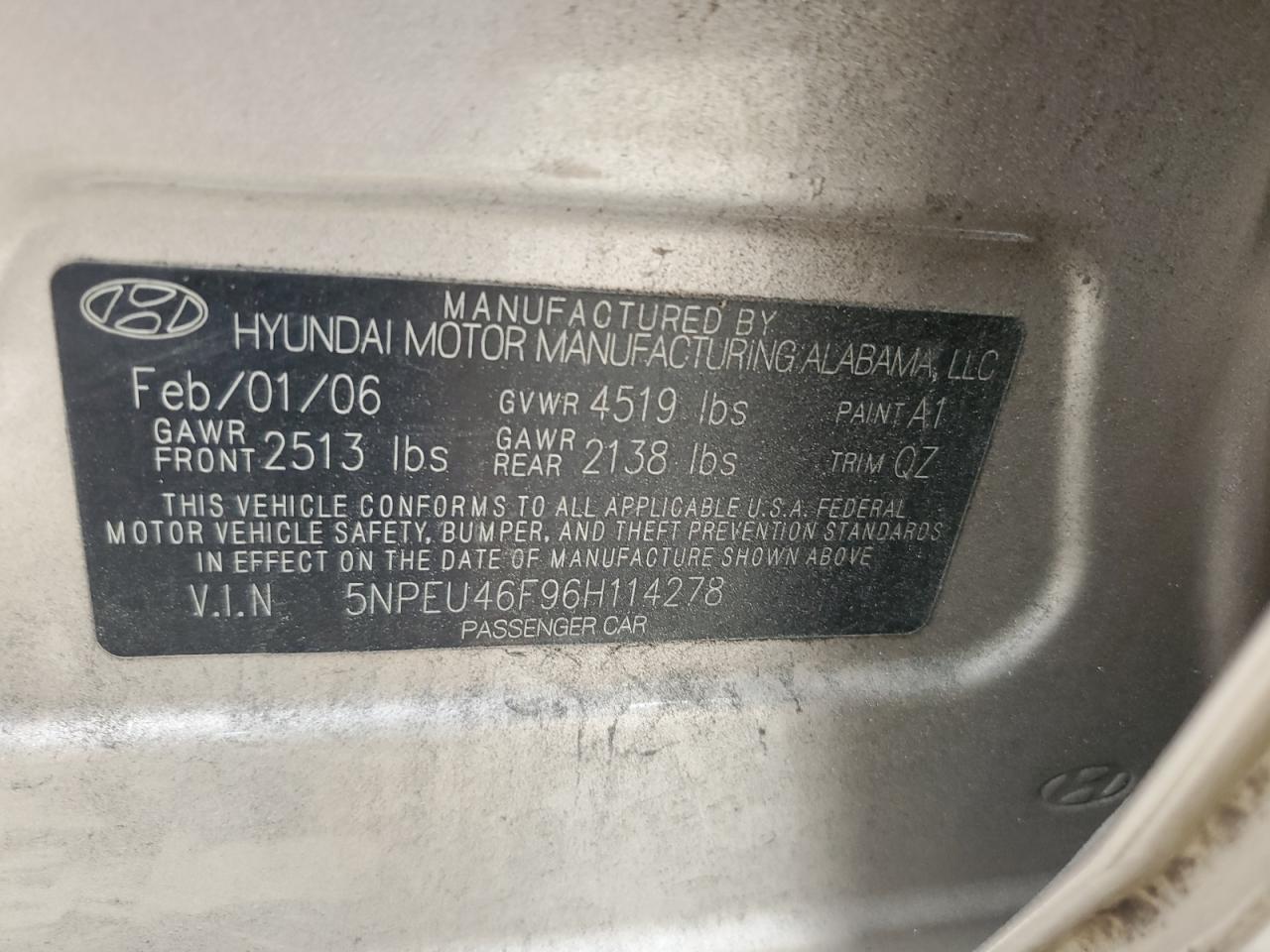 5NPEU46F96H114278 2006 Hyundai Sonata Gls