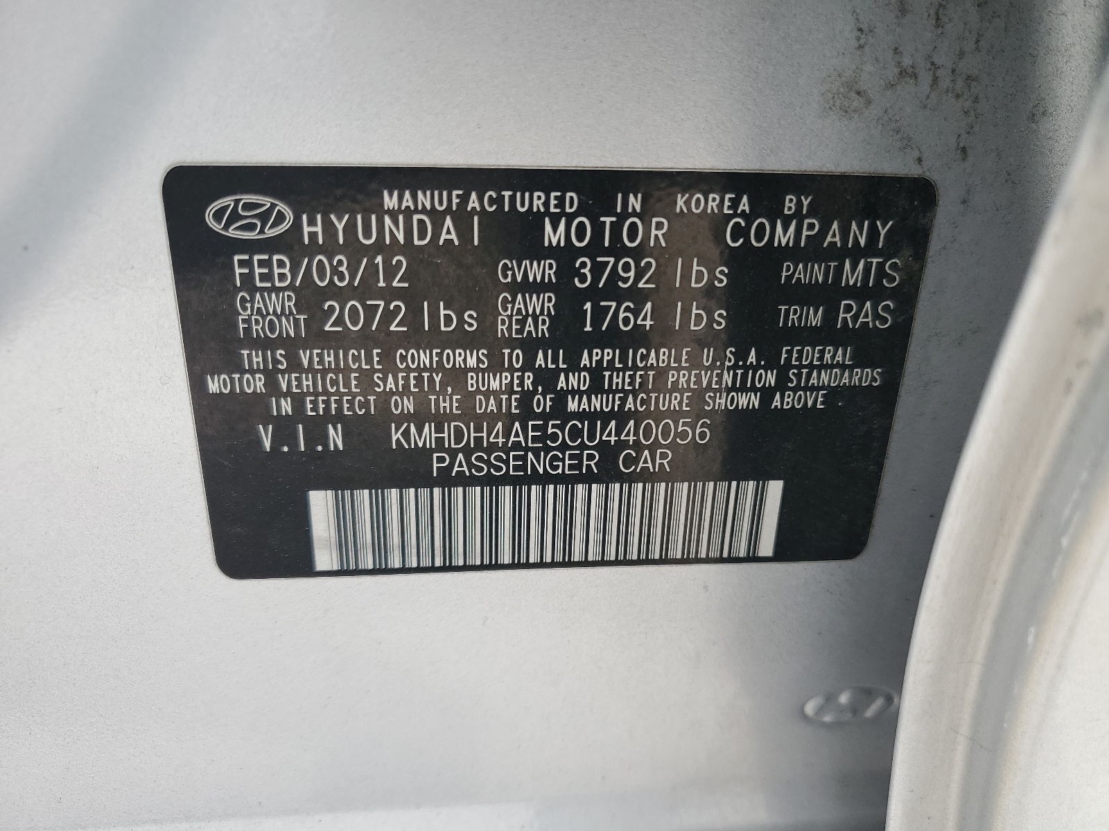 KMHDH4AE5CU440056 2012 Hyundai Elantra Gls