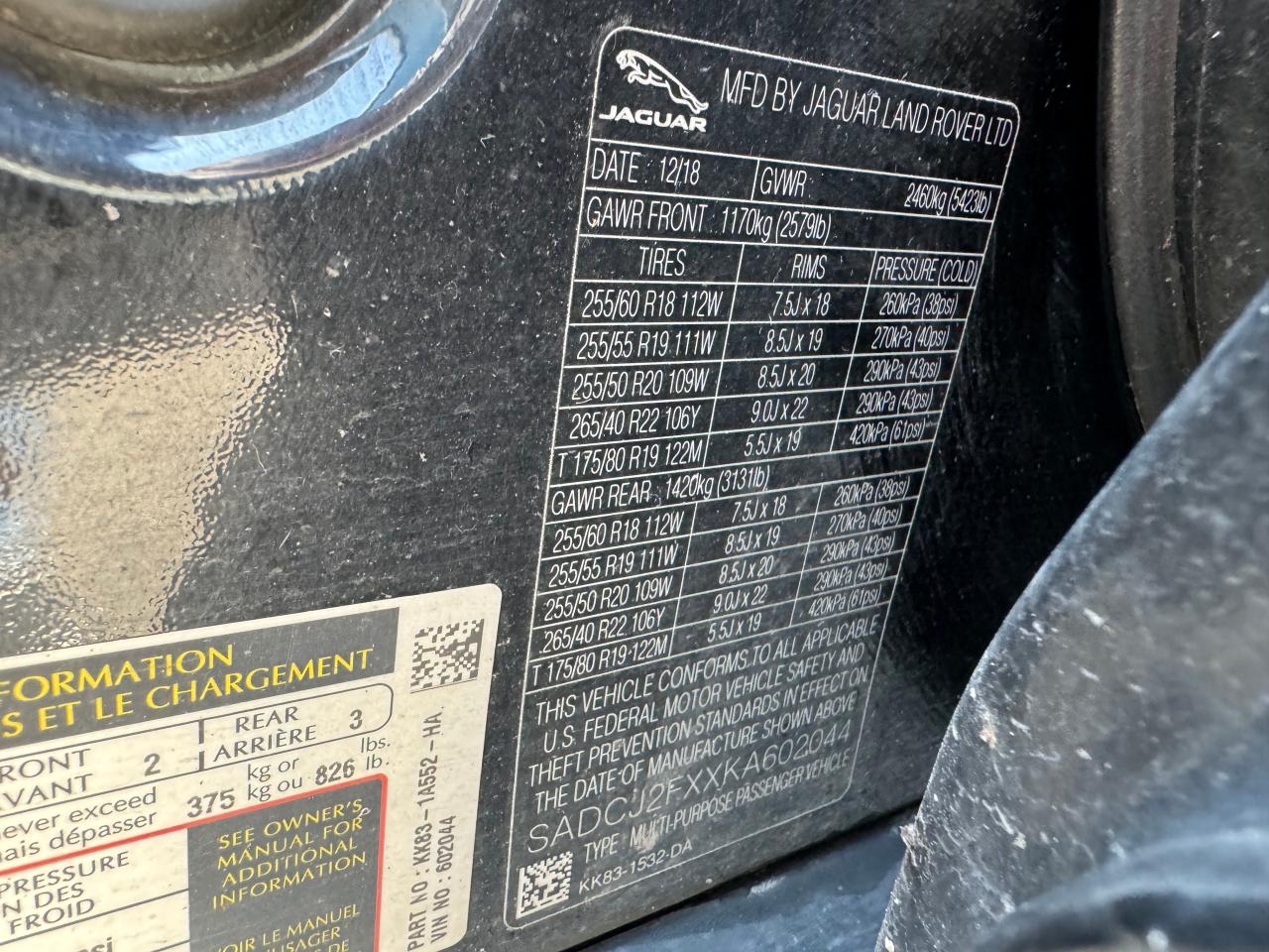 2019 Jaguar F-Pace Premium VIN: SADCJ2FXXKA602044 Lot: 67186584