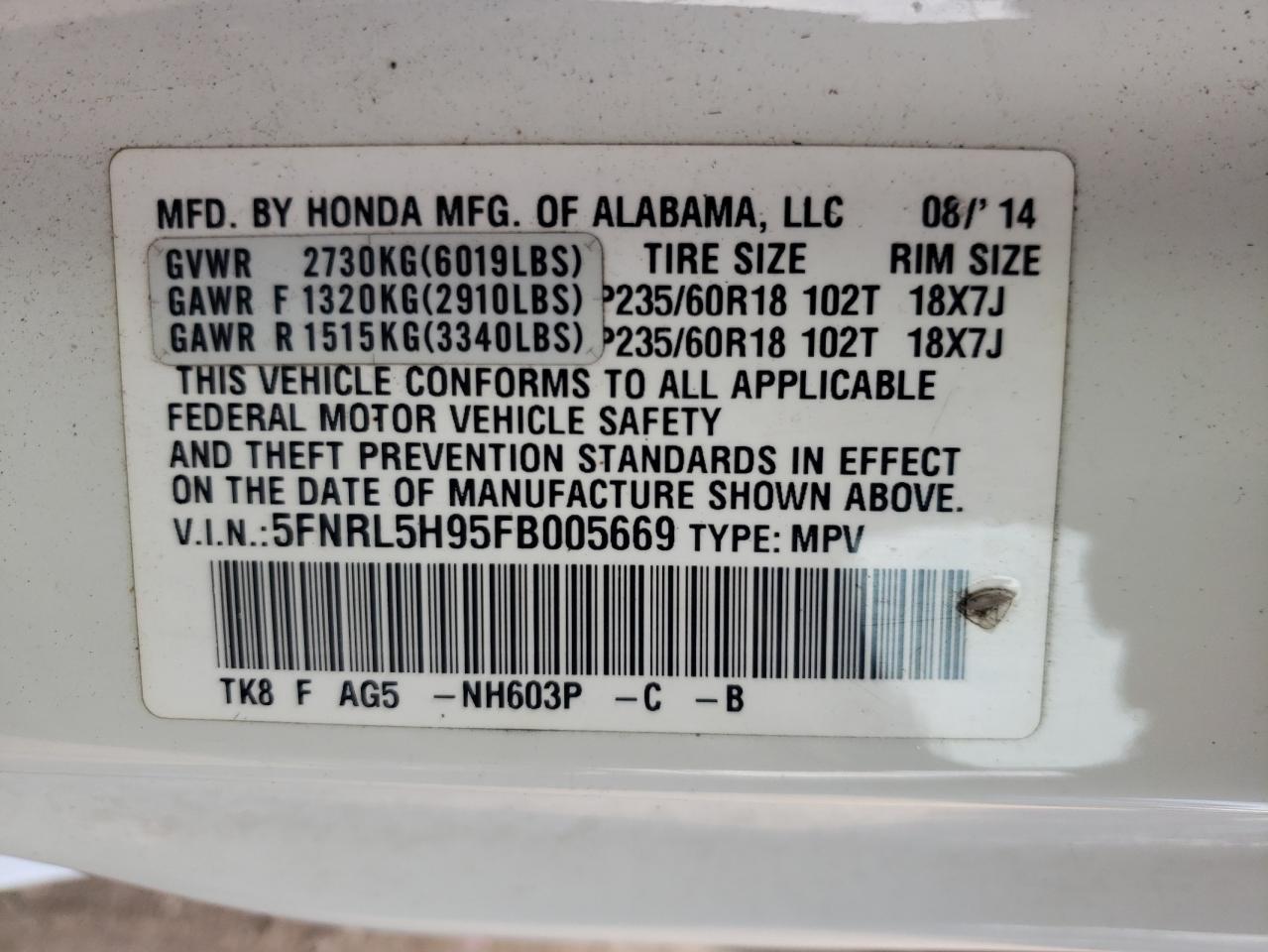 5FNRL5H95FB005669 2015 Honda Odyssey Touring