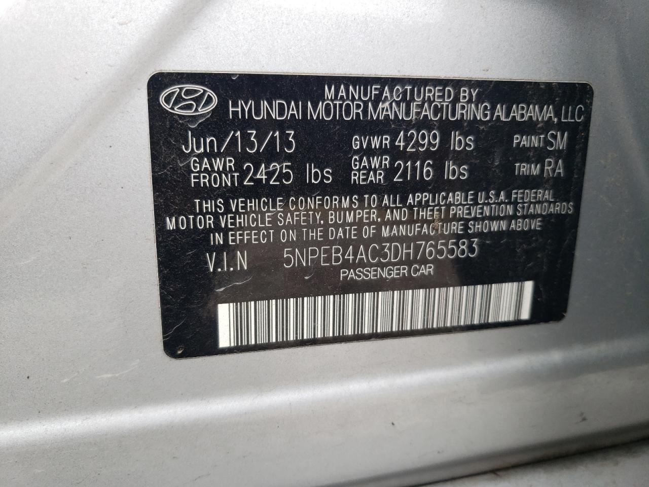 2013 Hyundai Sonata Gls VIN: 5NPEB4AC3DH765583 Lot: 66324224