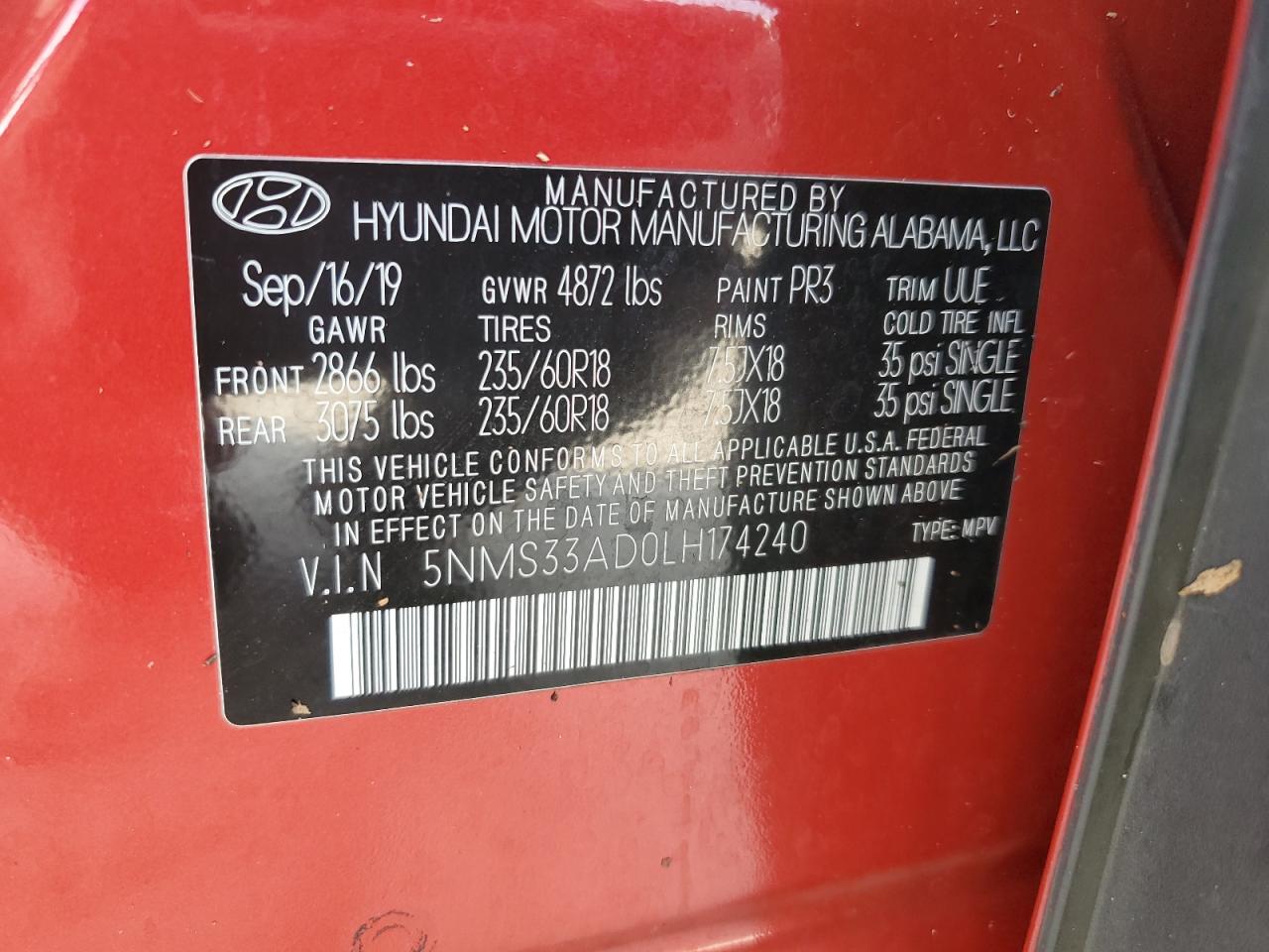 2020 Hyundai Santa Fe Sel VIN: 5NMS33AD0LH174240 Lot: 66744724