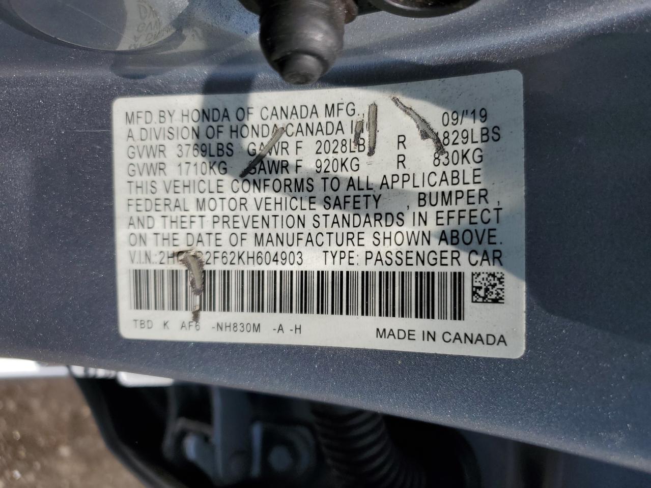 2019 Honda Civic Lx VIN: 2HGFC2F62KH604903 Lot: 66356144