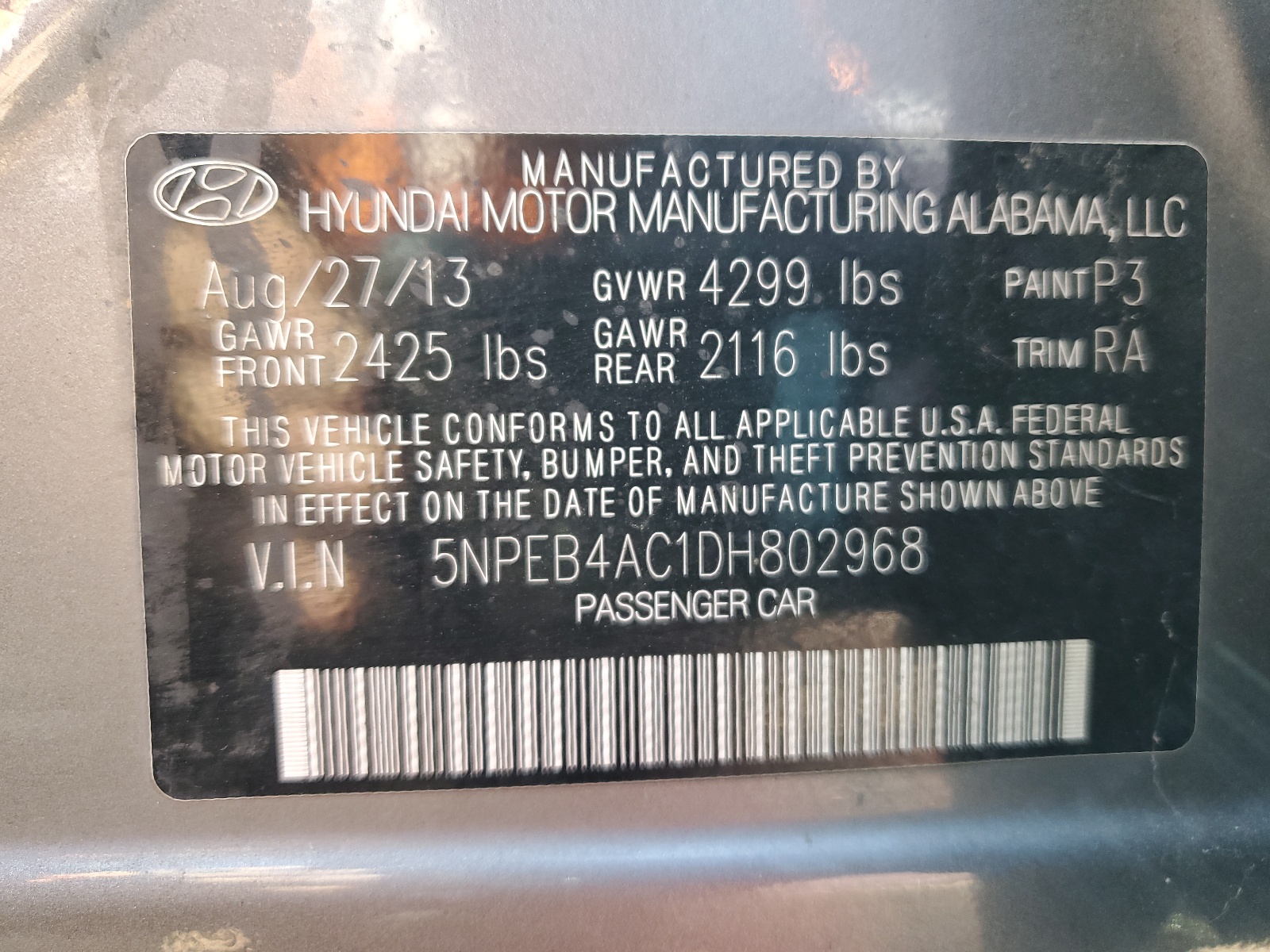 5NPEB4AC1DH802968 2013 Hyundai Sonata Gls