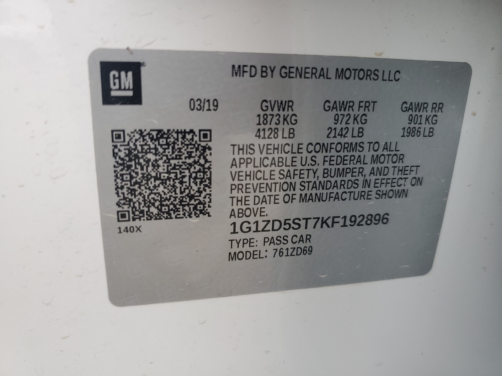 1G1ZD5ST7KF192896 2019 Chevrolet Malibu Lt