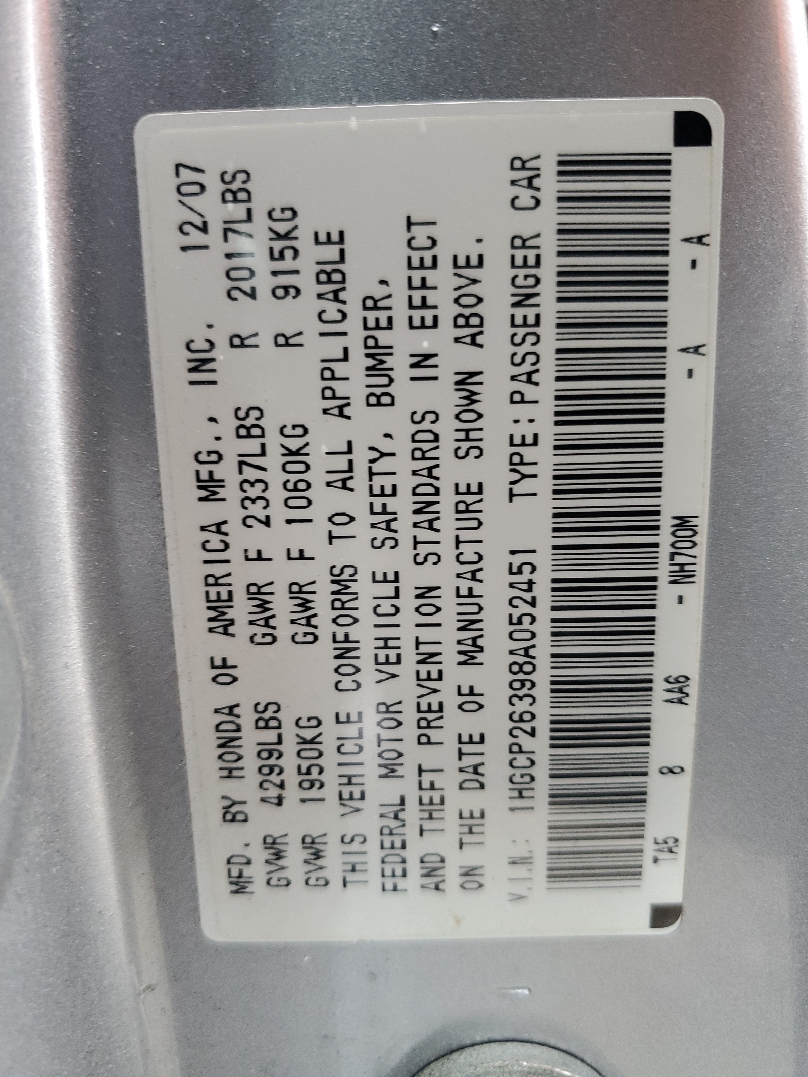 1HGCP26398A052451 2008 Honda Accord Lx