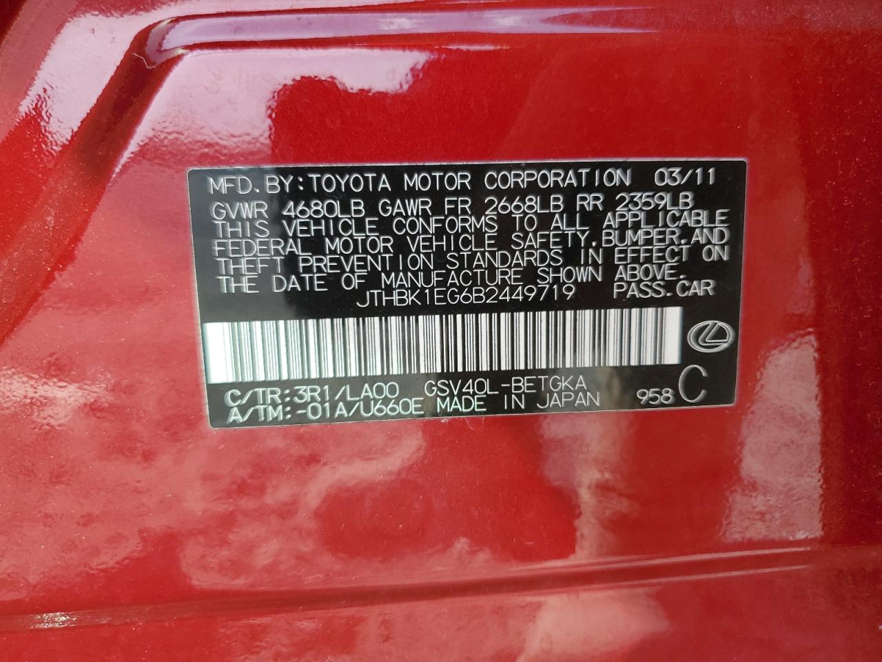 2011 Lexus Es 350 VIN: JTHBK1EG6B2449719 Lot: 67133684