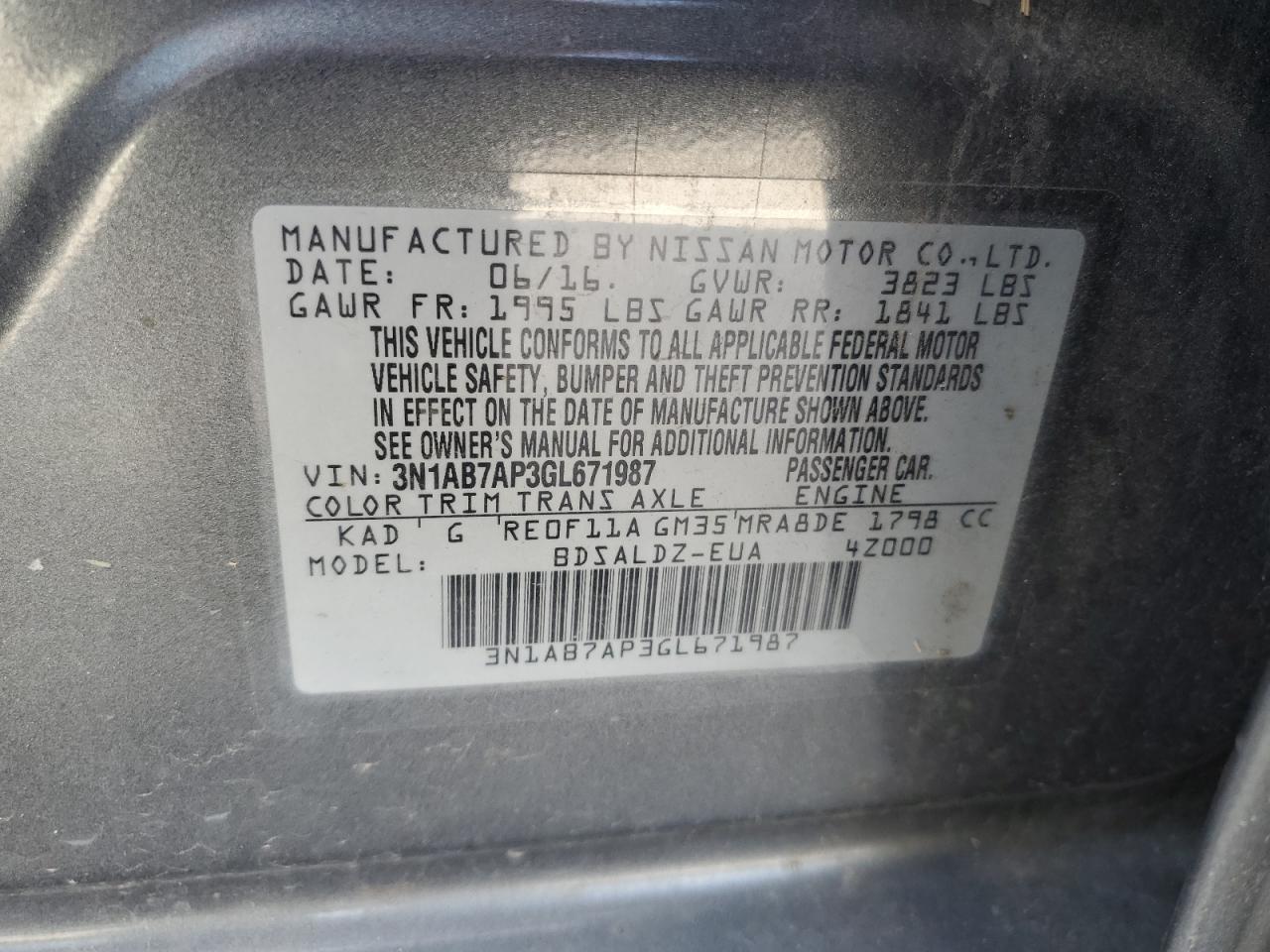 3N1AB7AP3GL671987 2016 Nissan Sentra S